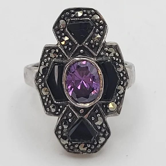 Sterling Silver Purple Glass Center Onyx Art Deco Style Ring Size 5 1/4 - Picture 7 of 13